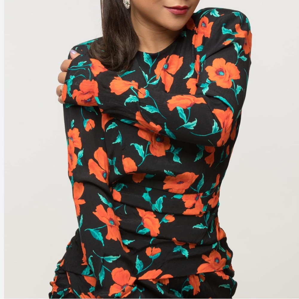 Zara | Black Floral Long-Sleeve Top with Orange Poppy Print